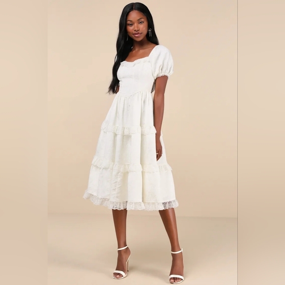 Lulus Gorgeously Romantic Ivory Lace Puff Sleeve Tiered Midi Dress M Wedding - Picture 2 of 10